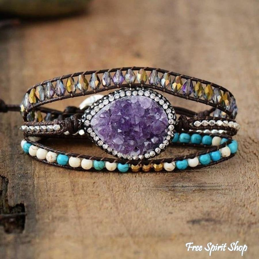 Natural Amethyst Howlite Turquoise & Crystal Wrap Bracelet - Free Spirit Shop
