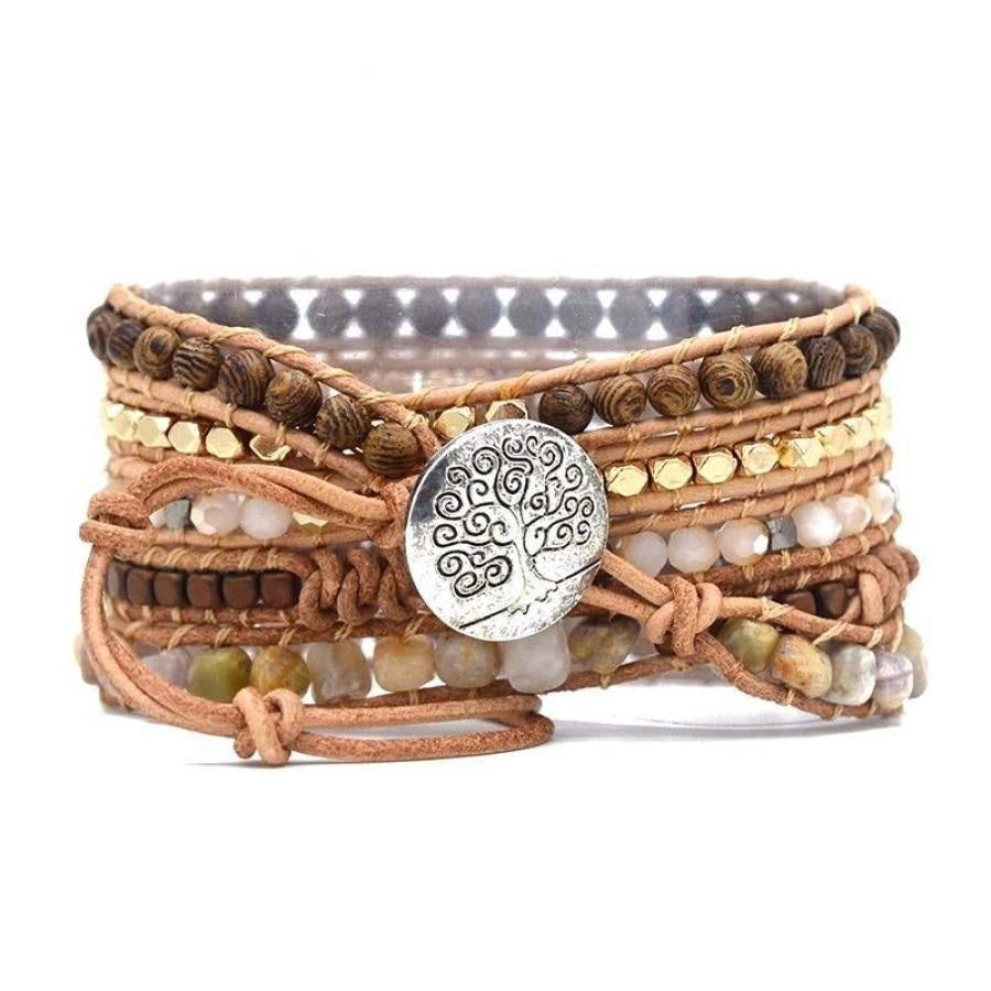 Natural Ammonite Fossil, Sunstone and Wood Beaded Wrap Bracelet - Free Spirit Shop