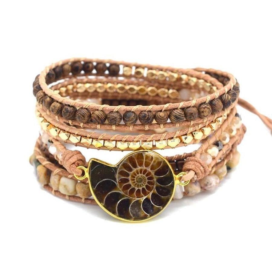 Natural Ammonite Fossil, Sunstone and Wood Beaded Wrap Bracelet - Free Spirit Shop