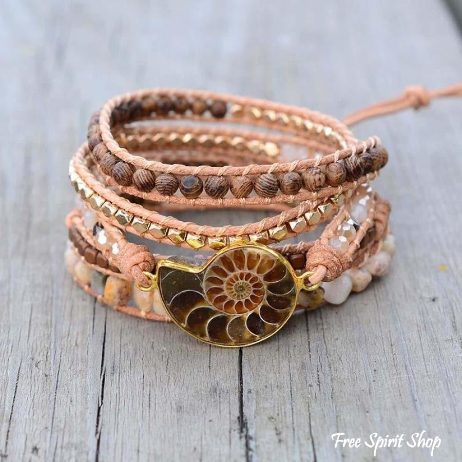 Natural Ammonite Fossil, Sunstone and Wood Beaded Wrap Bracelet - Free Spirit Shop