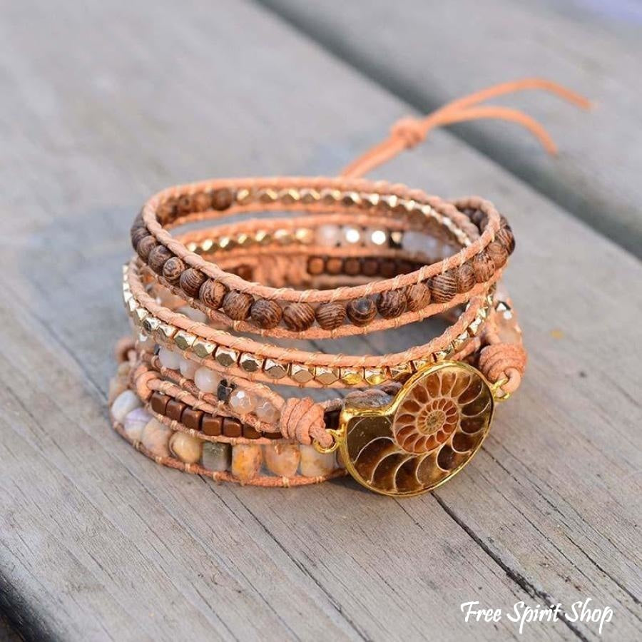 Natural Ammonite Fossil, Sunstone and Wood Beaded Wrap Bracelet - Free Spirit Shop