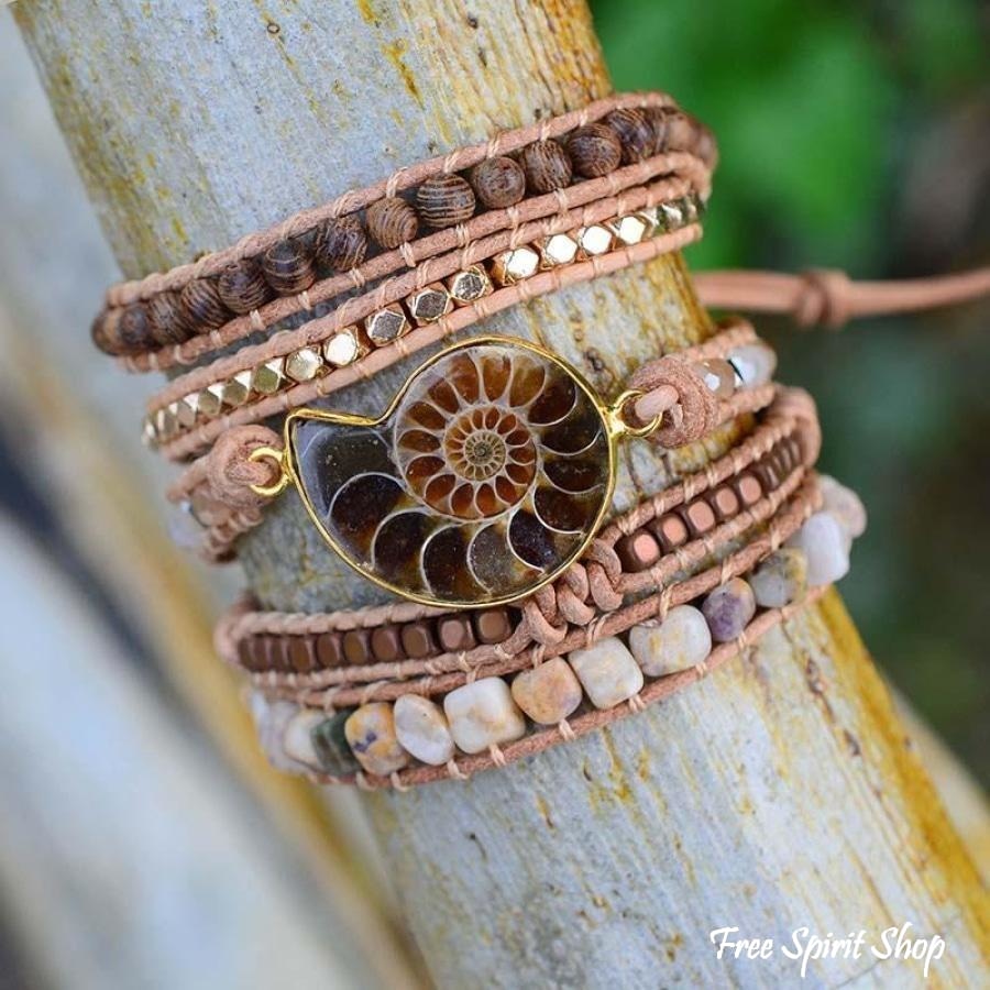 Natural Ammonite Fossil, Sunstone and Wood Beaded Wrap Bracelet - Free Spirit Shop