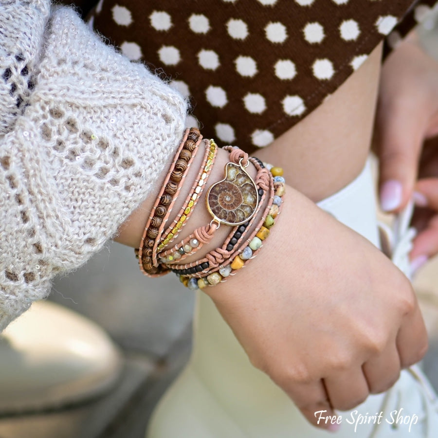 Natural Ammonite Fossil, Sunstone and Wood Beaded Wrap Bracelet - Free Spirit Shop