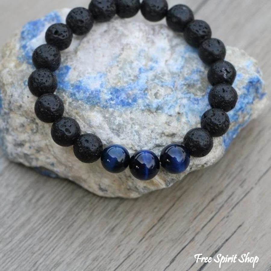 Natural Black Lava Stone & Blue Tiger Eye Beads Bracelet - Free Spirit Shop