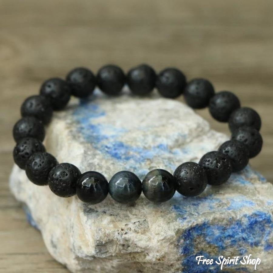 Natural Black Lava Stone & Blue Tiger Eye Beads Bracelet - Free Spirit Shop