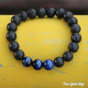 Natural Black Lava Stone & Blue Tiger Eye Beads Bracelet - Free Spirit Shop