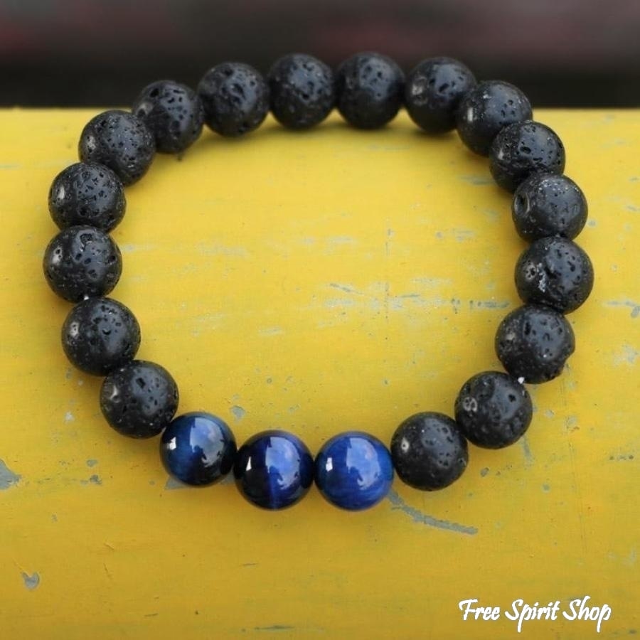 Natural Black Lava Stone & Blue Tiger Eye Beads Bracelet - Free Spirit Shop