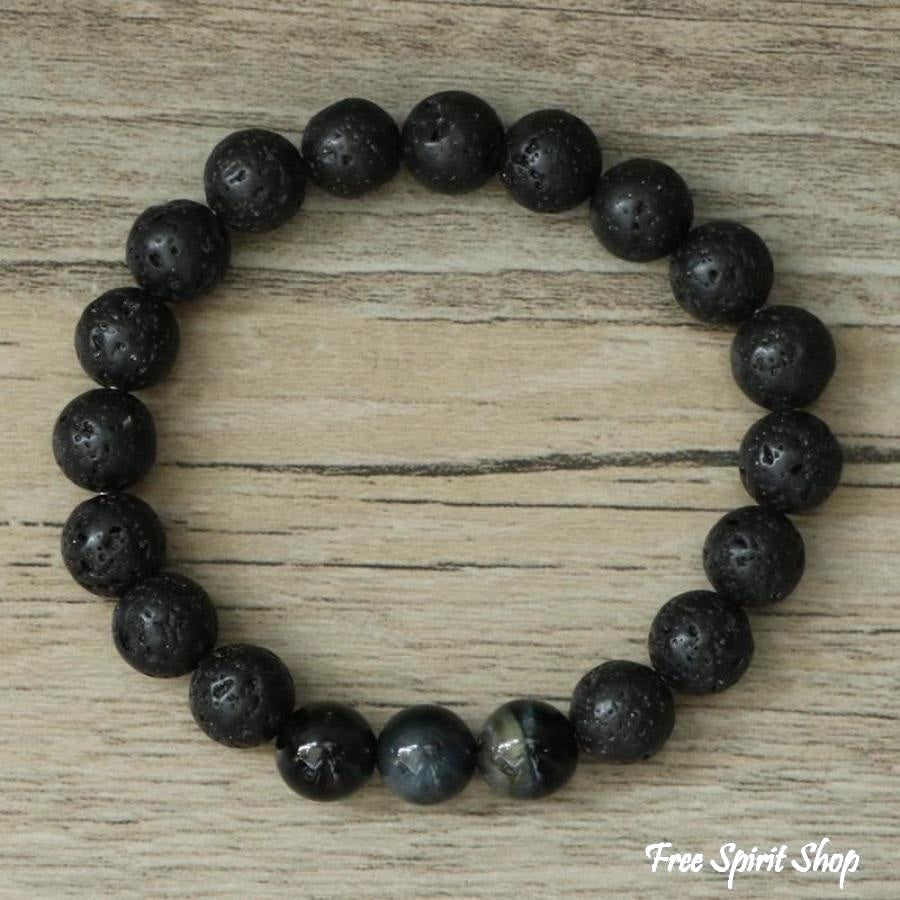 Natural Black Lava Stone & Blue Tiger Eye Beads Bracelet - Free Spirit Shop