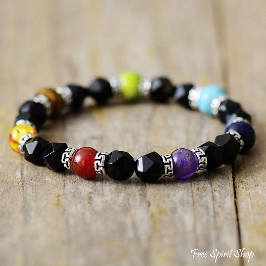 Natural Black Onyx & 7 Chakra Bead Bracelet - Free Spirit Shop