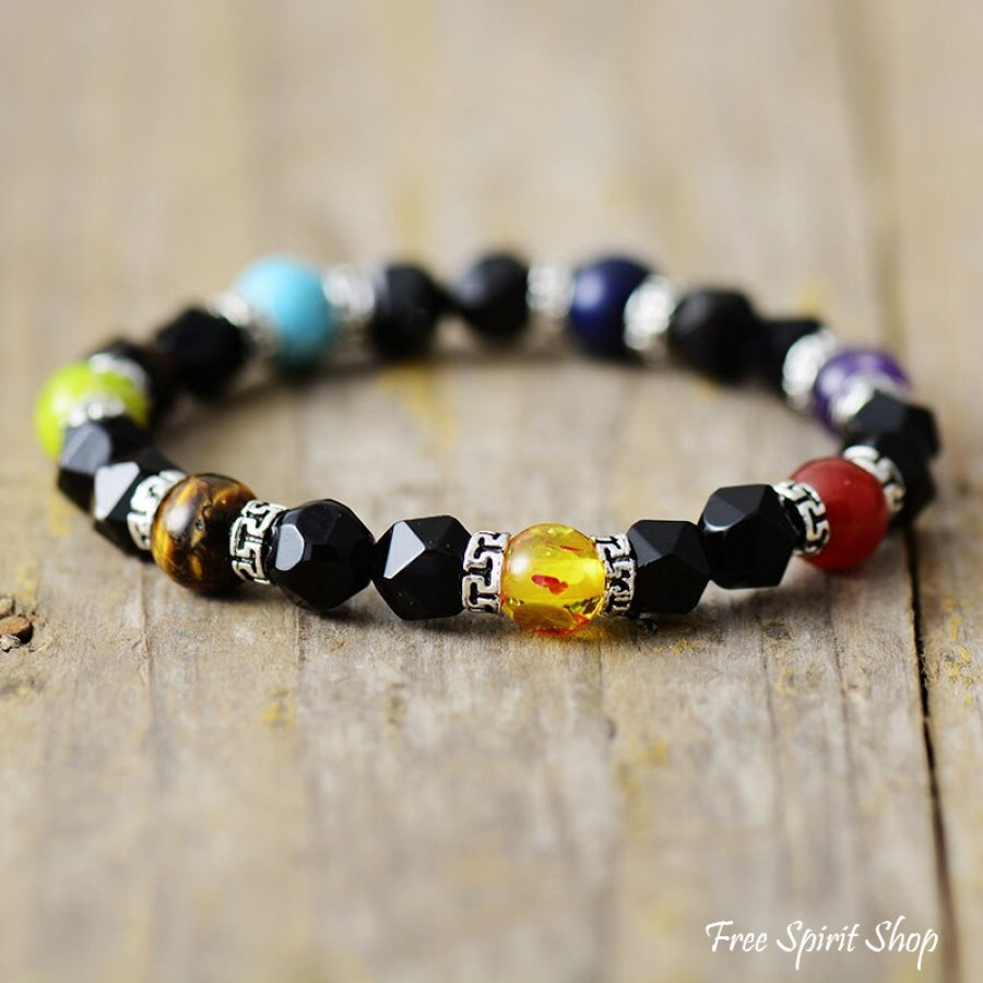 Natural Black Onyx & 7 Chakra Bead Bracelet - Free Spirit Shop