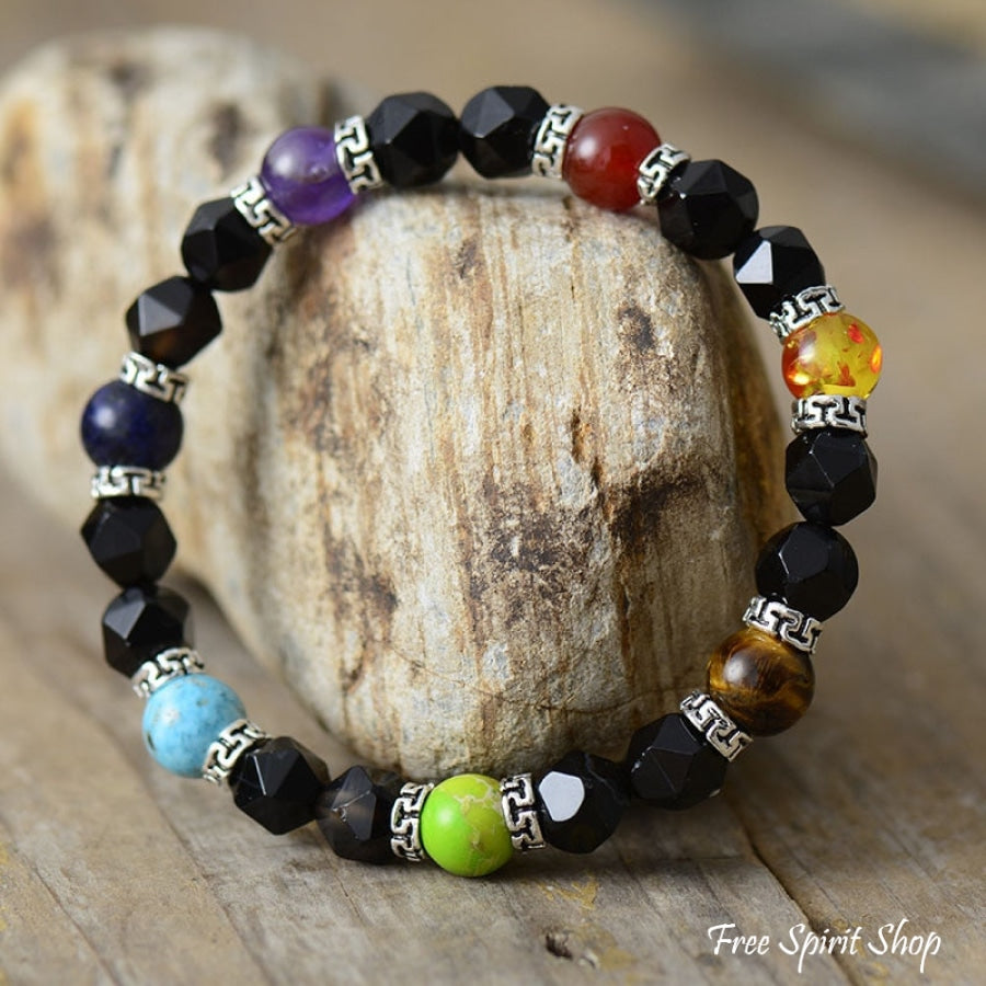 Natural Black Onyx & 7 Chakra Bead Bracelet - Free Spirit Shop