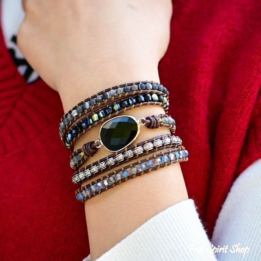 Natural Black Onyx Beaded Wrap Bracelet - Free Spirit Shop