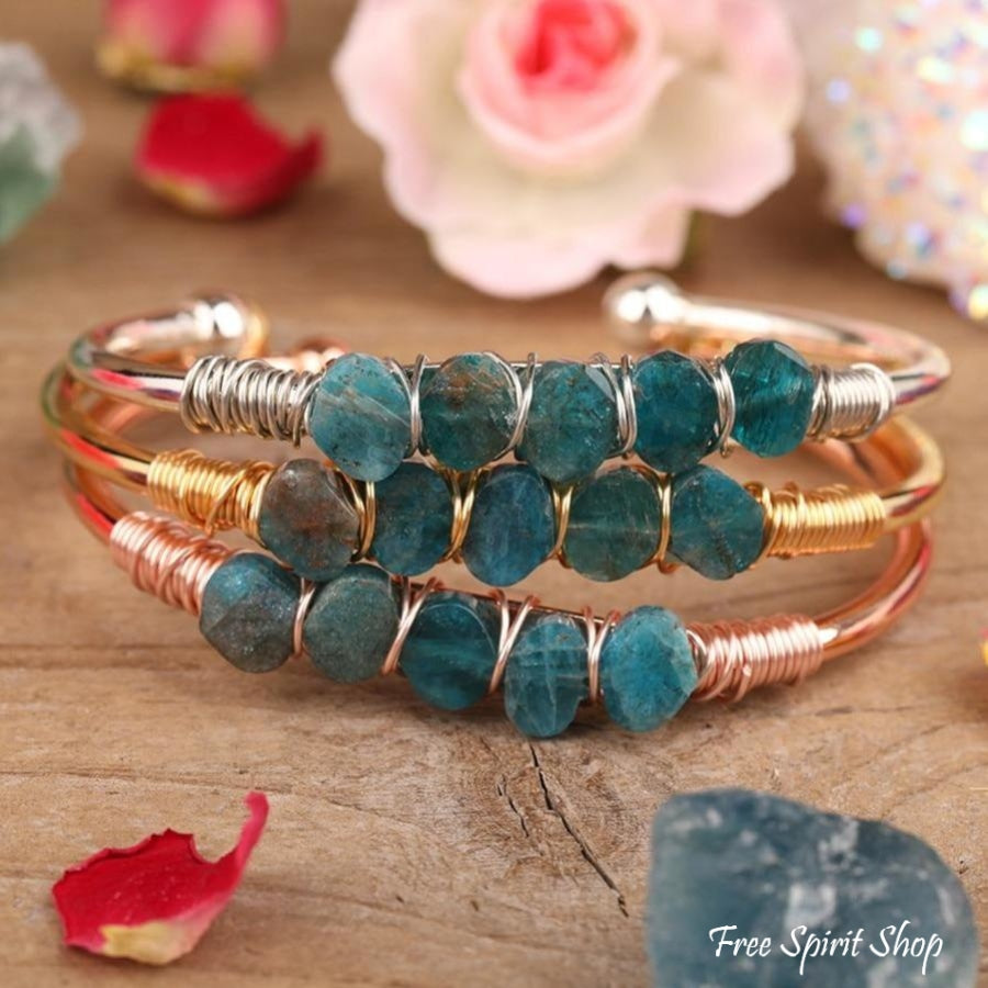 Natural Blue Apatite Gemstone Cuff Bracelet - Free Spirit Shop