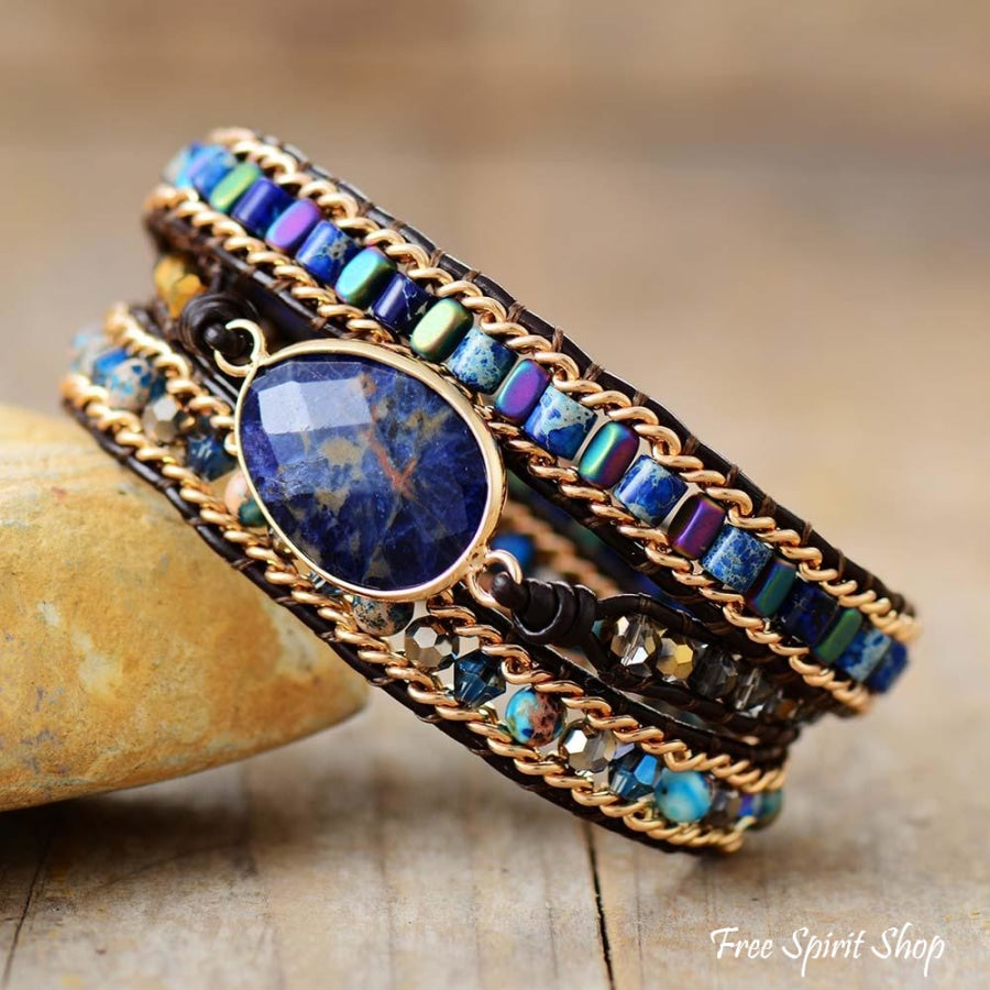 Natural Blue Sodalite & Jasper Wrap Bracelet - Free Spirit Shop