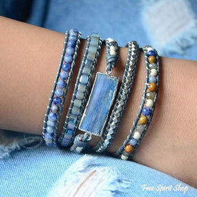 Natural Blue Topaz Sodalite & Howlite Gemstone Leather Wrap Bracelet - Silver Version - Free Spirit Shop