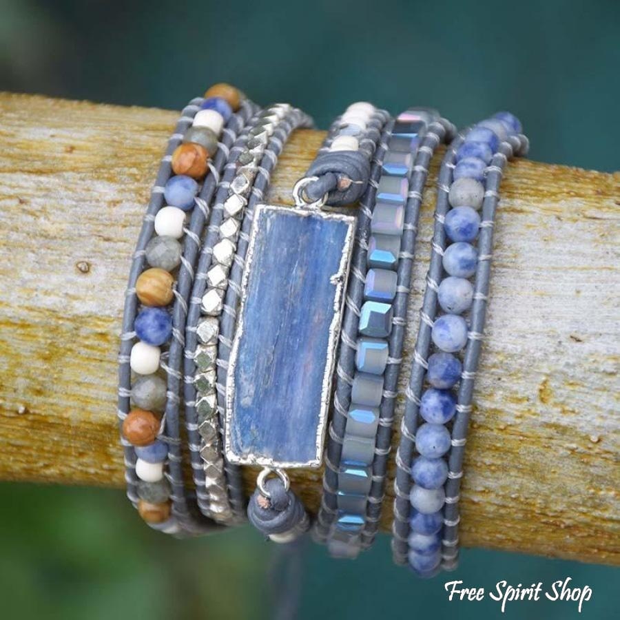 Natural Blue Topaz Sodalite & Howlite Gemstone Leather Wrap Bracelet - Silver Version - Free Spirit Shop