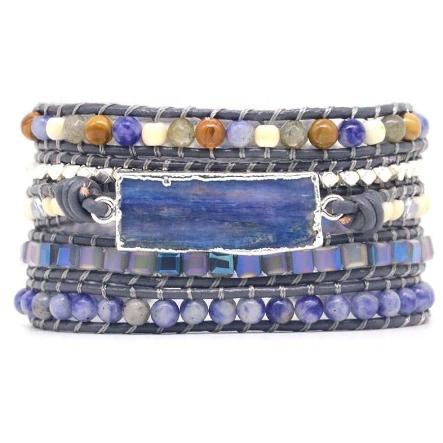 Natural Blue Topaz Sodalite & Howlite Gemstone Leather Wrap Bracelet - Silver Version - Free Spirit Shop