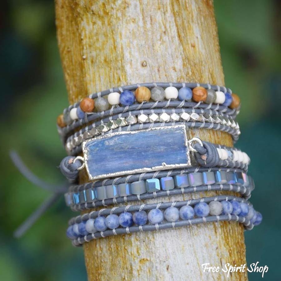 Natural Blue Topaz Sodalite & Howlite Gemstone Leather Wrap Bracelet - Silver Version - Free Spirit Shop