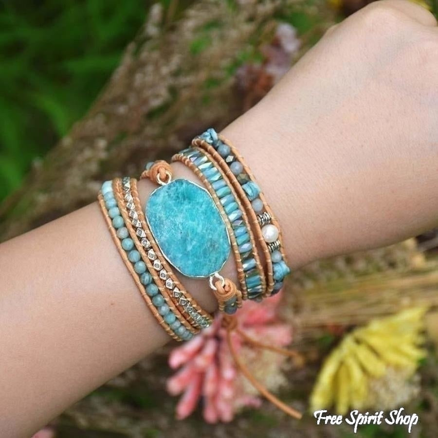 Natural Calming Amazonite Bead Wrap Bracelet - Free Spirit Shop