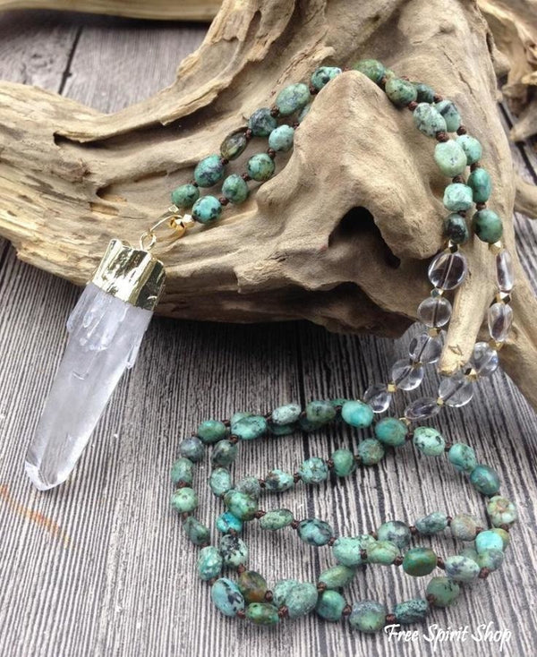 Natural Clear Quartz Crystal & African Turquoise Gemstone Bead Necklac
