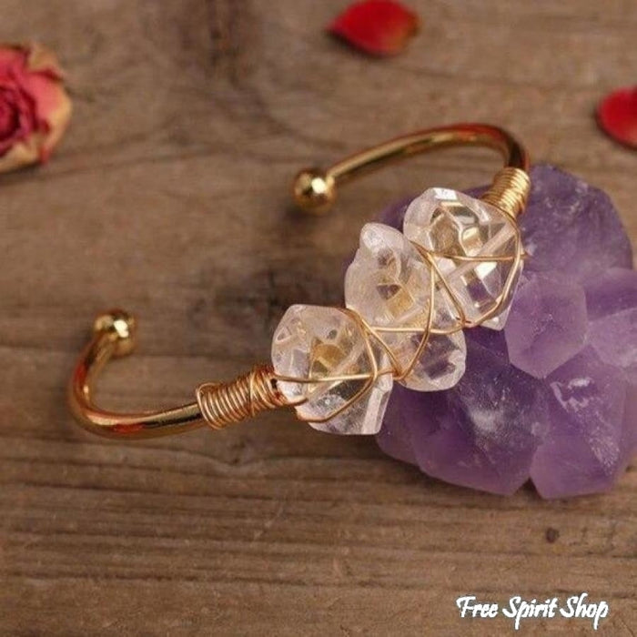 Natural Clear Quartz Crystal Wandpoint Cuff Bracelet