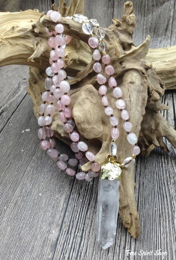 Natural Clear Quartz & Rose Quartz Gemstone Necklace - Free Spirit Shop