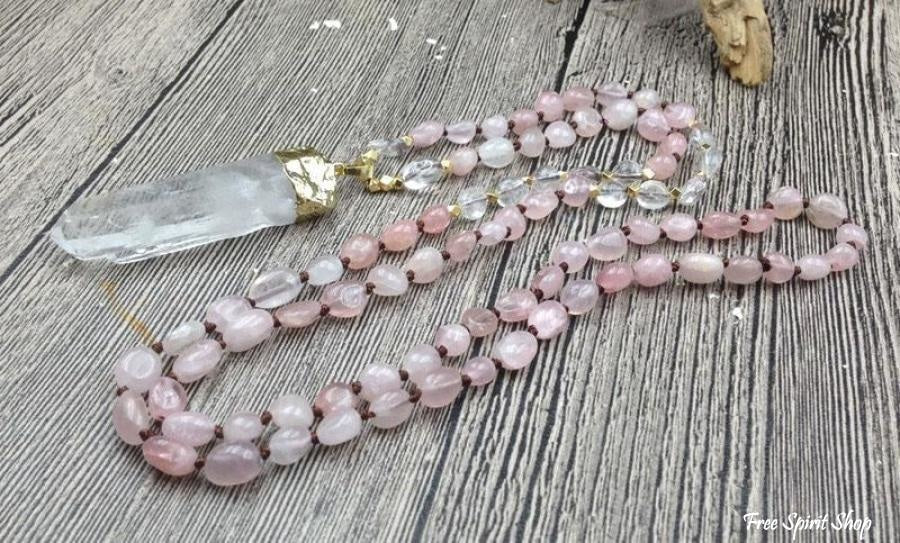 Natural Clear Quartz & Rose Quartz Gemstone Necklace - Free Spirit Shop