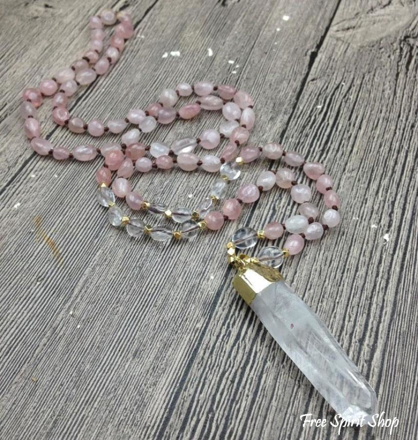 Amazon.com: Top Plaza Antique Silver Flower Wrapped Natural Rose Quartz  Healing Crystal Necklace Mothers Day Mom Gifts : Clothing, Shoes & Jewelry