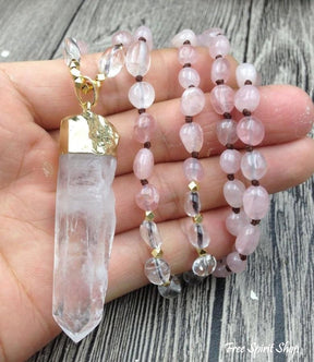 Natural Clear Quartz & Rose Quartz Gemstone Necklace - Free Spirit Shop
