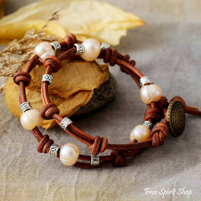 Natural Freshwater Pearl & Leather Choker / Bracelet - Free Spirit Shop