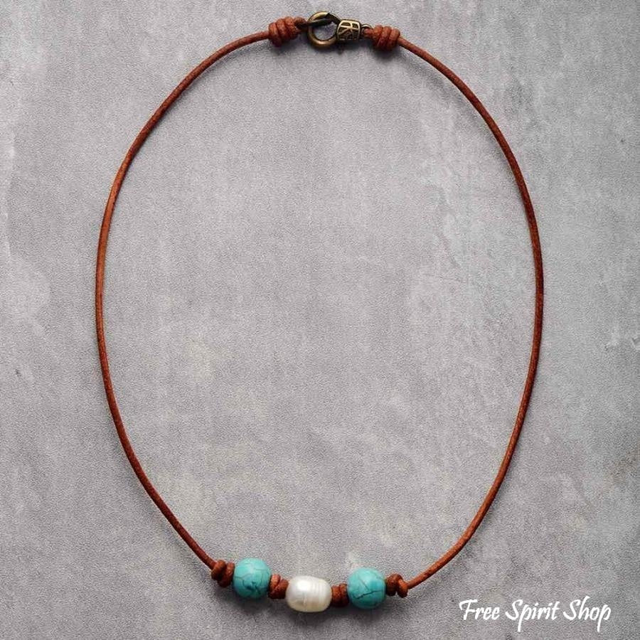 Natural Freshwater Pearl & Turquoise Leather Choker Necklace - Free Spirit Shop