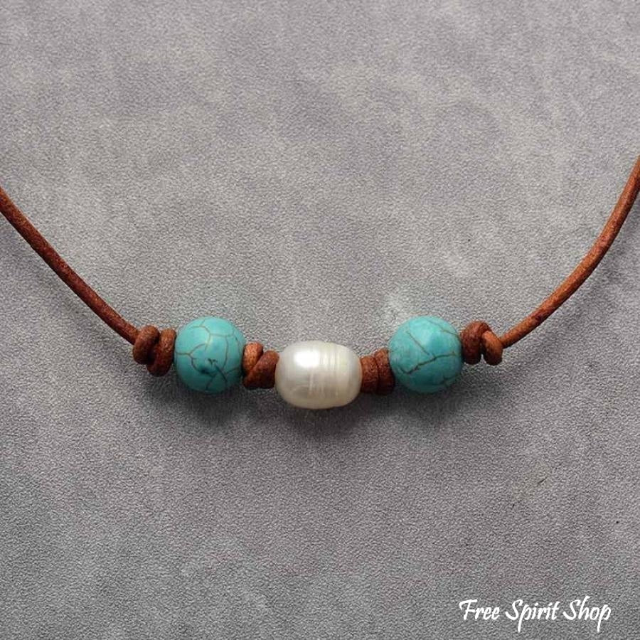 Natural Freshwater Pearl & Turquoise Leather Choker Necklace - Free Spirit Shop