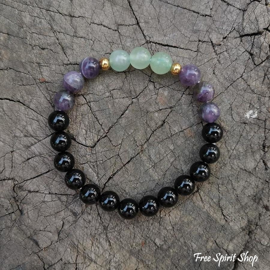 Natural Green Aventurine Amethyst & Black Onyx Bead Bracelet - Free Spirit Shop