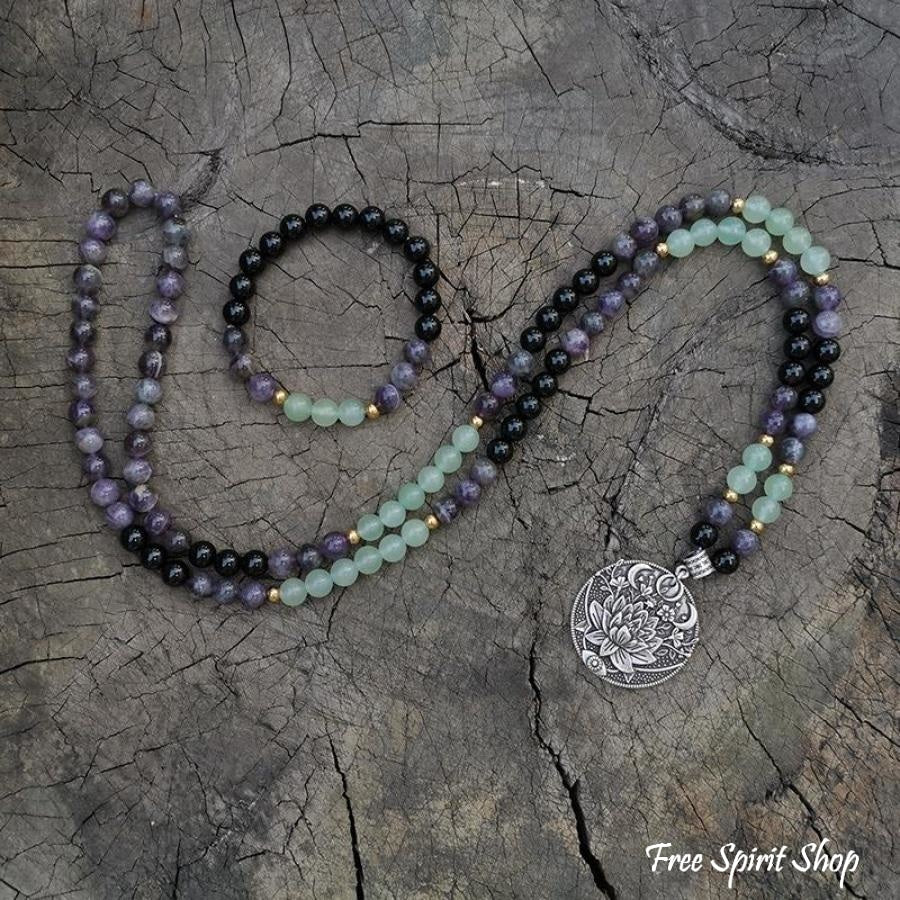 Natural Green Aventurine Amethyst & Black Onyx Bead Bracelet - Free Spirit Shop