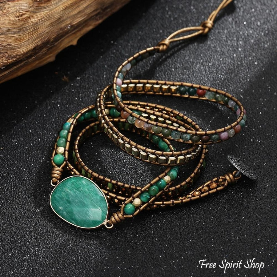 Natural Green Aventurine & Indian Agate Beaded Wrap Bracelet - Free Spirit Shop