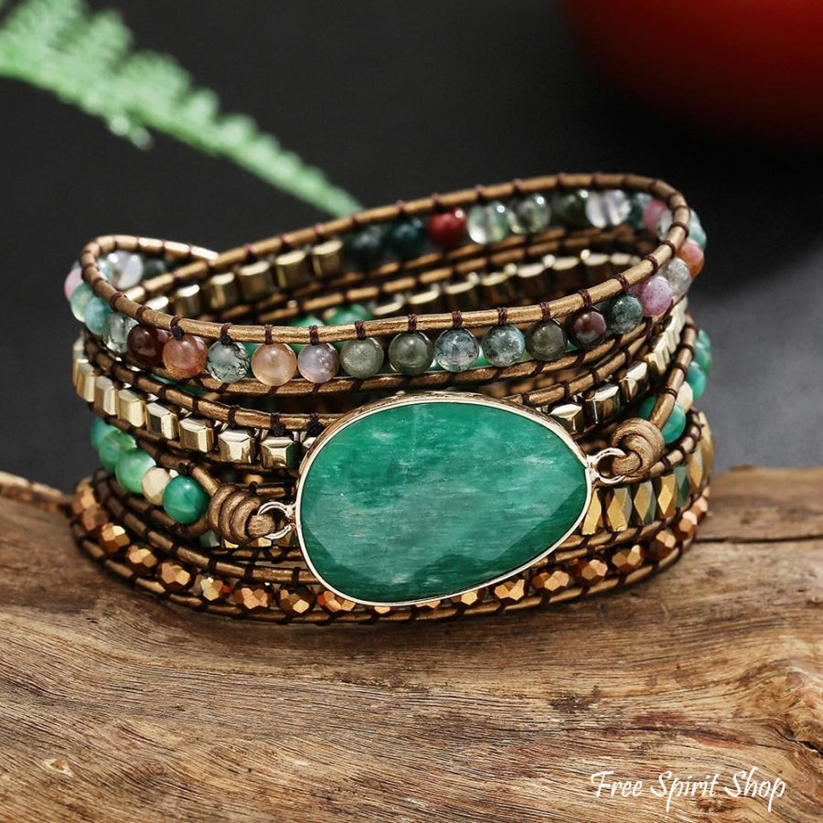 Natural Green Aventurine & Indian Agate Beaded Wrap Bracelet - Free Spirit Shop