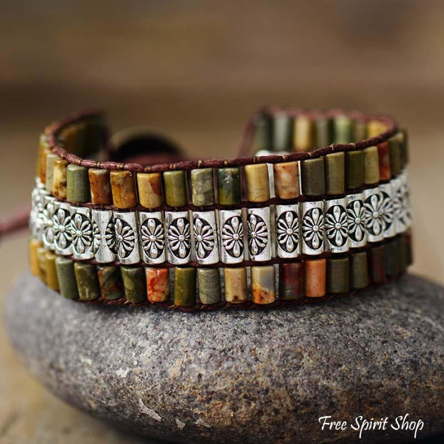 Natural Green Jasper & Tibetan Bead Wrap Bracelet - Free Spirit Shop