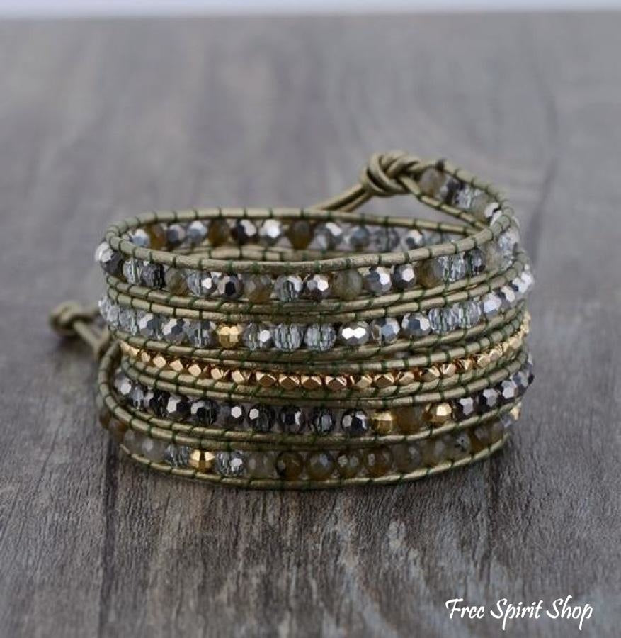 Natural Green Labradorite & Bronze Leather Wrap Bracelet - Free Spirit Shop