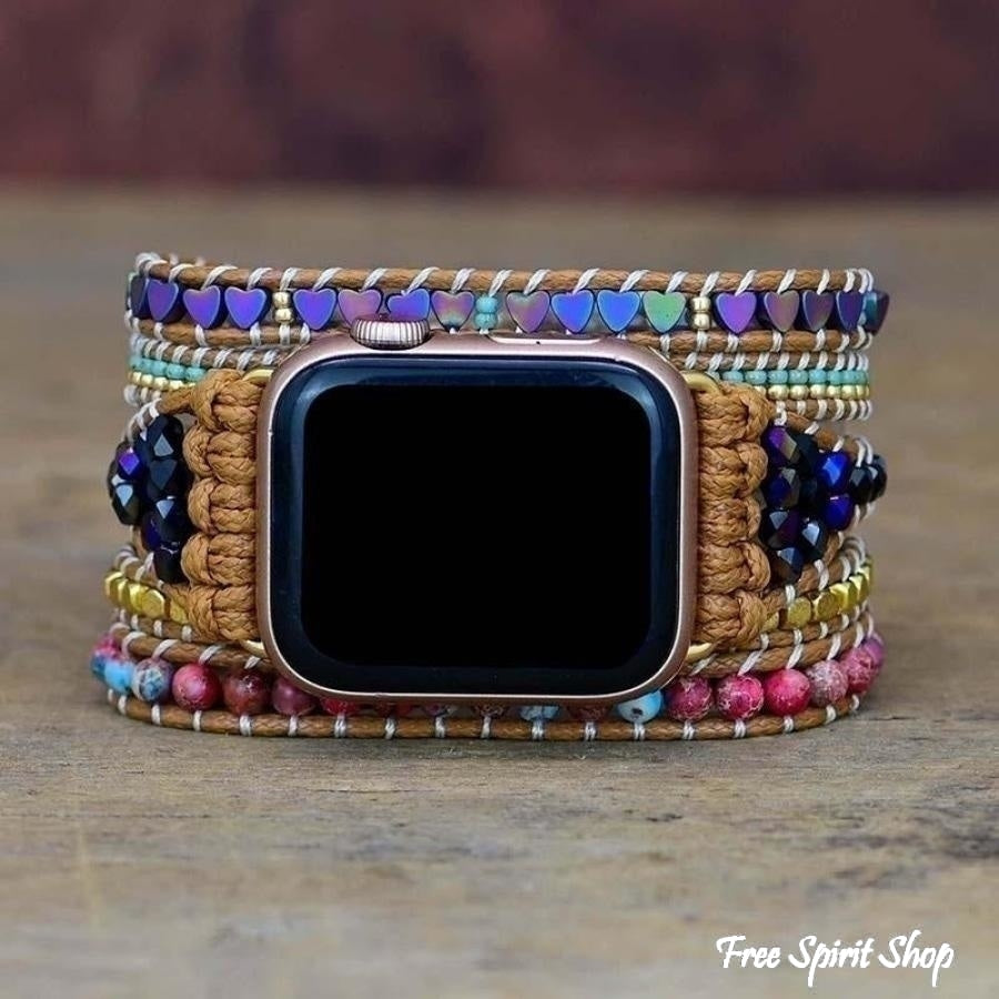 Natural Hematite Heart & Jasper Beaded Apple Watch Band - Free Spirit Shop