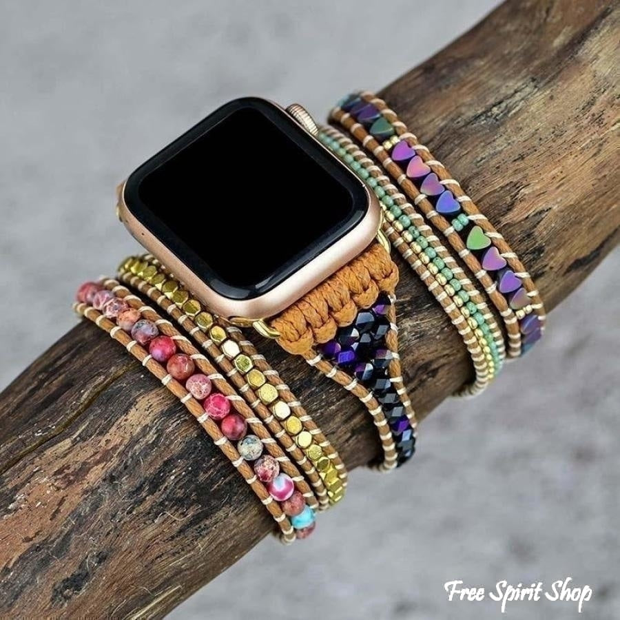 Natural Hematite Heart & Jasper Beaded Apple Watch Band - Free Spirit Shop