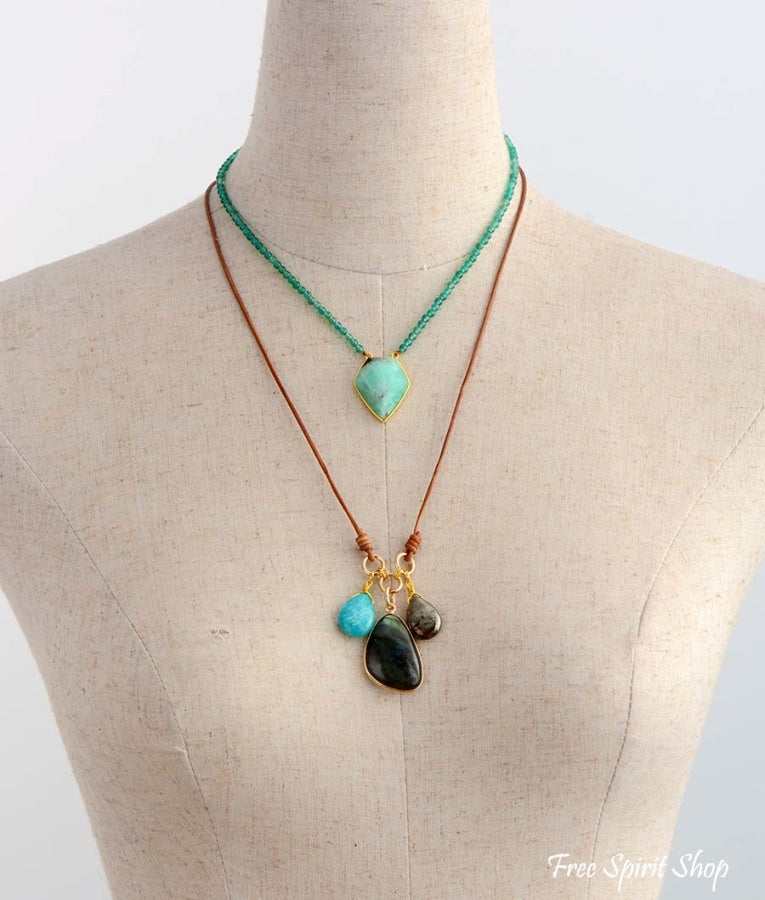 Natural Labradorite Amazonite & Pyrite Stone Leather Necklace - Free Spirit Shop