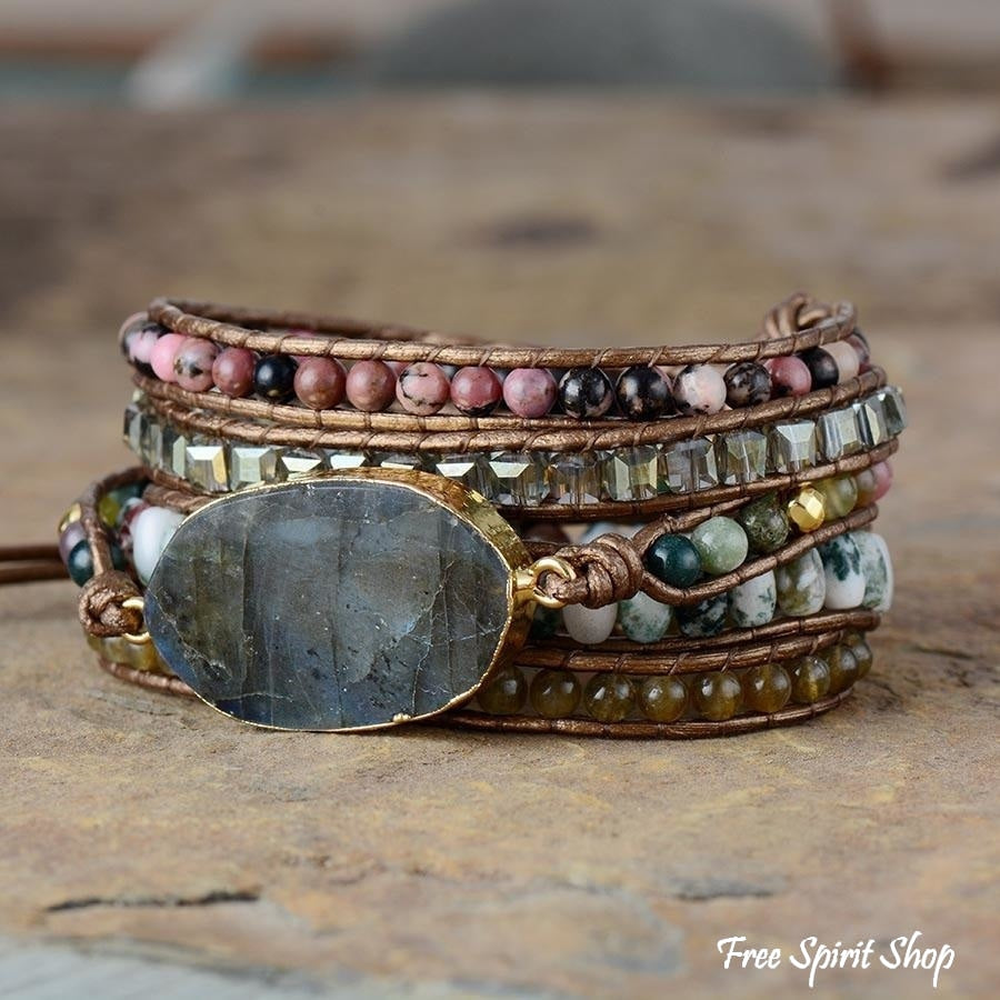 Natural Labradorite Rhodochrosite & Moss Agate Beaded Wrap Bracelet - Free Spirit Shop