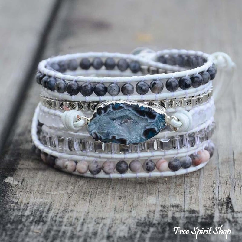 Natural Labradorite, White Jade & Druzy Stone Leather Wrap Bracelet