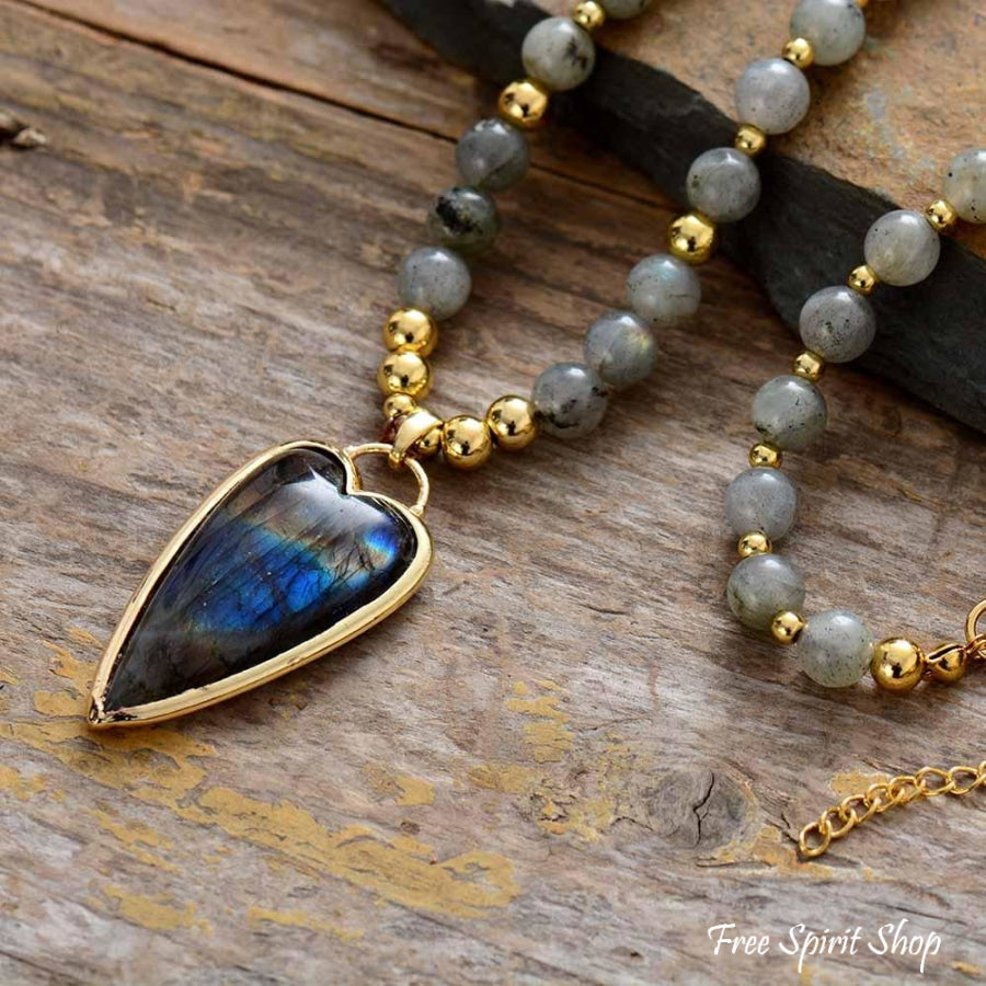 Natural Labradorite With Heart Pendant Bead Necklace - Free Spirit Shop