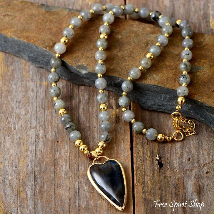 Natural Labradorite With Heart Pendant Bead Necklace - Free Spirit Shop