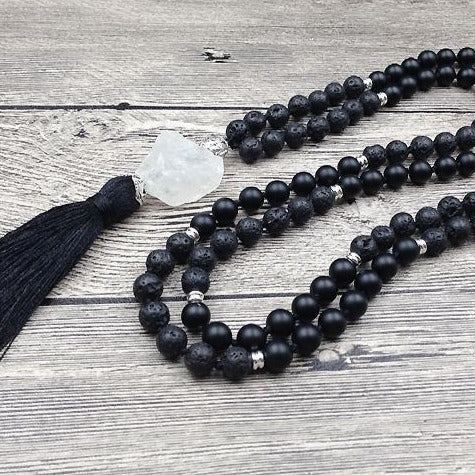 Natural Lava Stone Black Agate & Quartz Mala 108 Bead Prayer - Free Spirit Shop