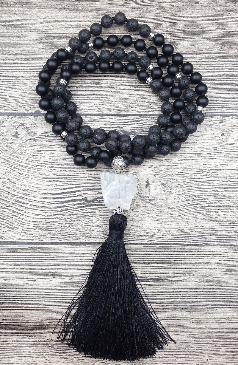 Natural Lava Stone Black Agate & Quartz Mala 108 Bead Prayer - Free Spirit Shop