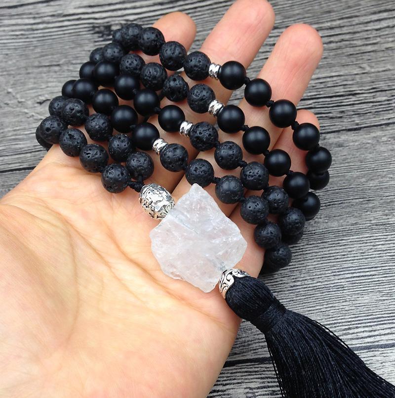 Natural Lava Stone Black Agate & Quartz Mala 108 Bead Prayer - Free Spirit Shop