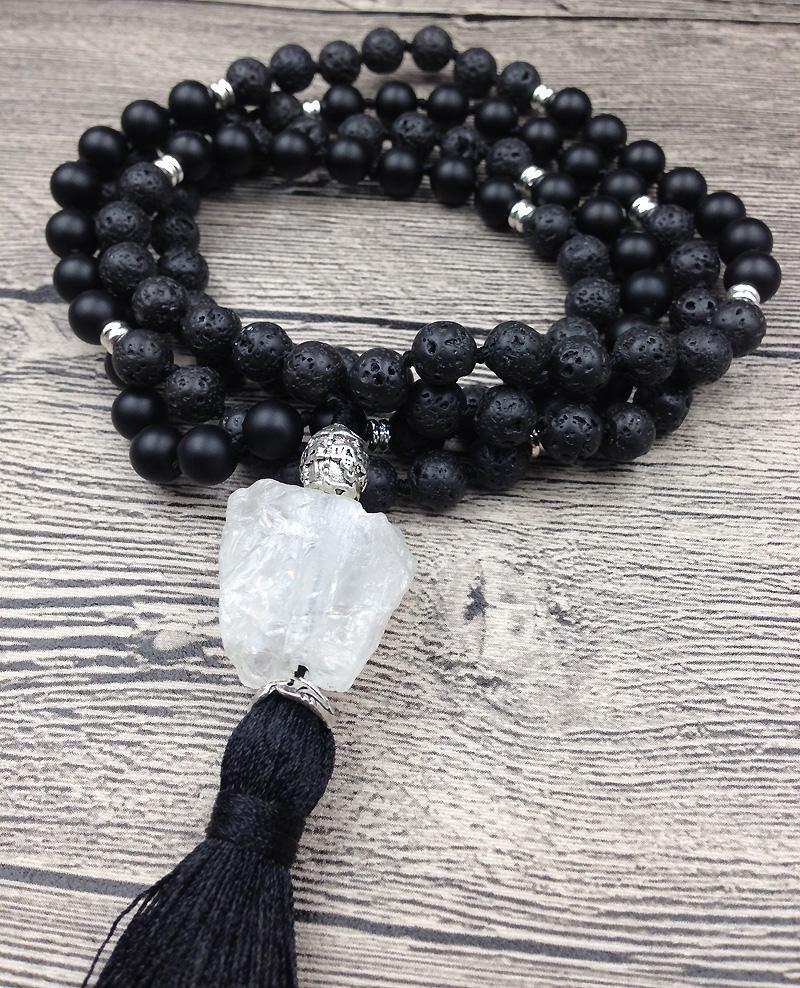 Natural Lava Stone Black Agate & Quartz Mala 108 Bead Prayer - Free Spirit Shop