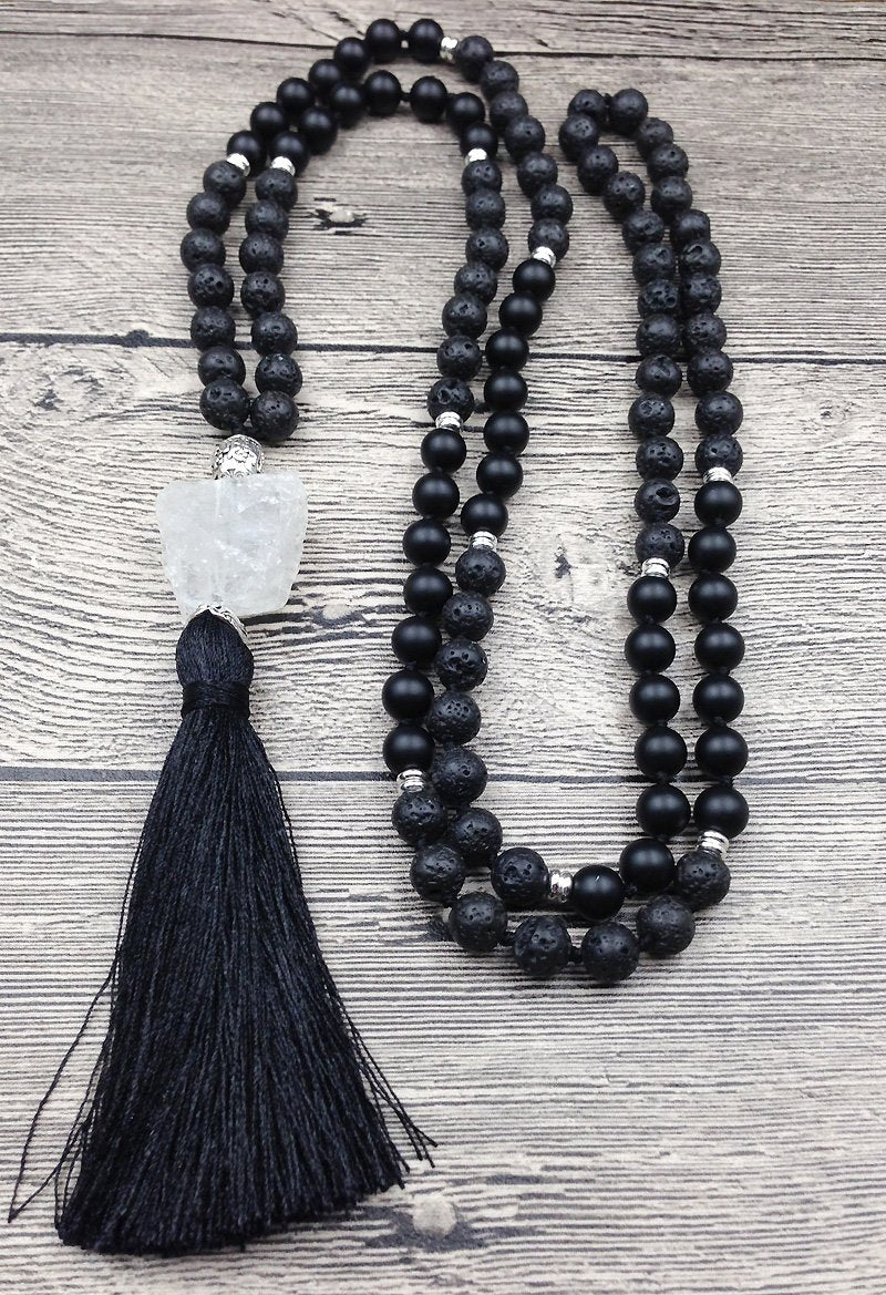 Natural Lava Stone Black Agate & Quartz Mala 108 Bead Prayer - Free Spirit Shop